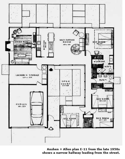 Eichler Plan E-11 by Anshen and Allen late 1950s — 4 bedroom open court floor plan with multi-purpose room and narrow street entry