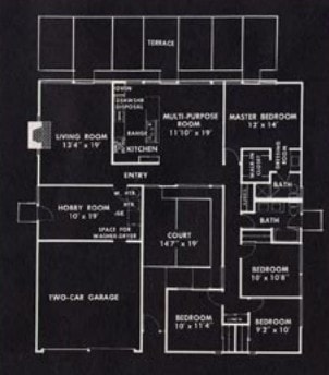 Eichler Plan E-31 by Jones and Emmons — 4 bedroom 2 bath open court floor plan with multi-purpose room and hobby room