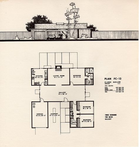 Eichler Plan FC-13 by Claude Oakland — 3 bedroom 2 bath gallery floor plan with carport and street elevation