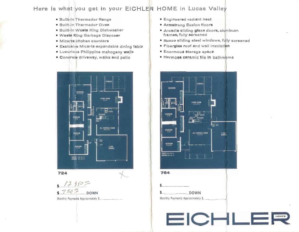 Eichler Homes Lucas Valley Marin County original brochure showing plans 724 and 764 with floor plan layouts and feature list