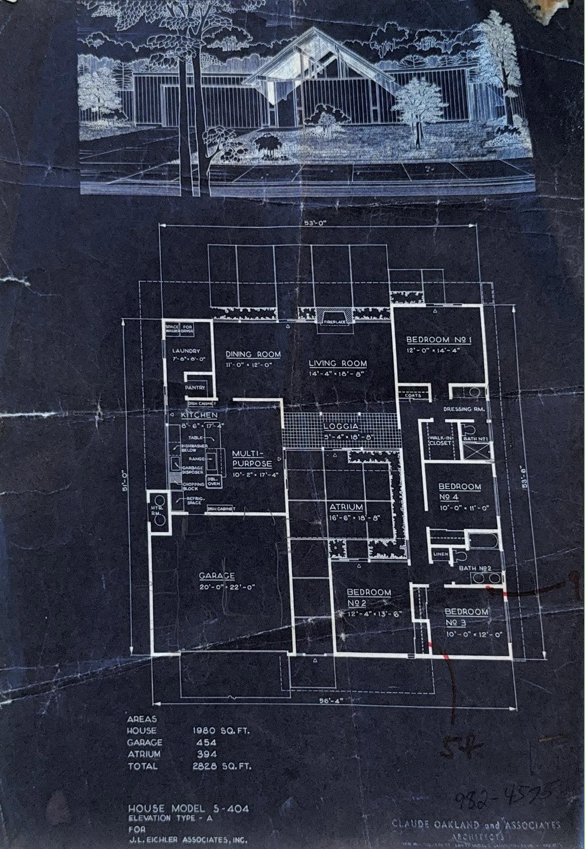 Eichler House Model S-404 Elevation A blueprint by Claude Oakland — 4 bedroom atrium plan, 1980 sq ft, with loggia and multi-purpose room
