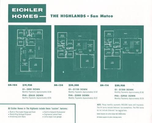 Eichler Homes The Highlands San Mateo original sales brochure showing plans SM-104 SM-124 SM-114 with floor plan layouts and 1950s pricing