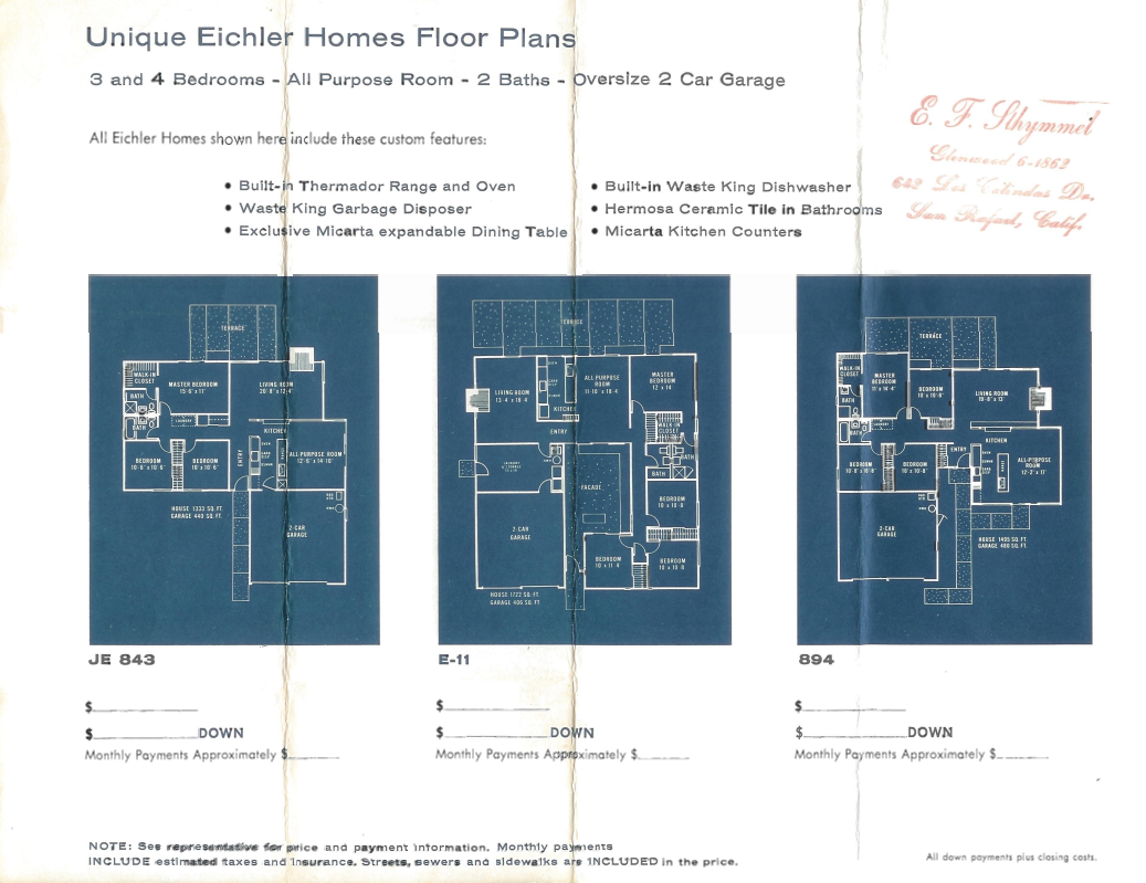 Eichler Homes San Rafael original brochure showing plans JE 843 E-11 and 894 with floor plan layouts and specifications